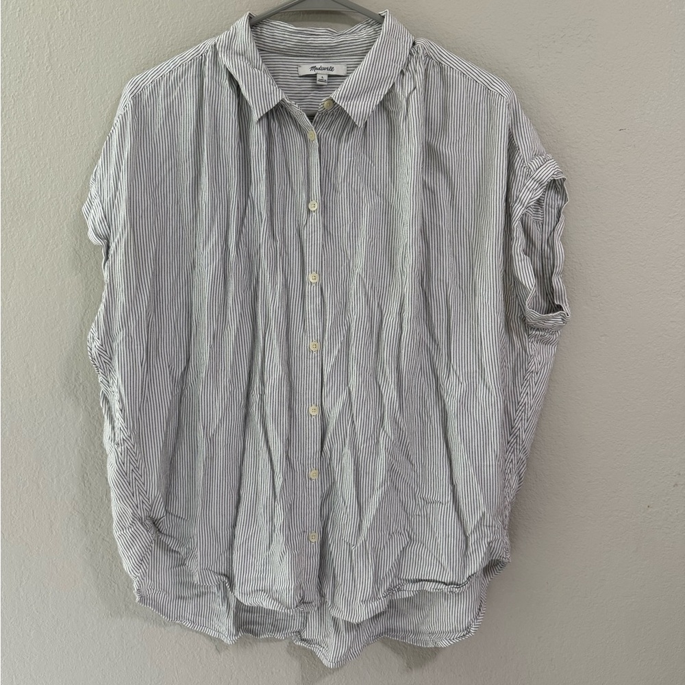 Madewell Navy & White Striped Cap Sleeve Button-Up Shirt - Size L